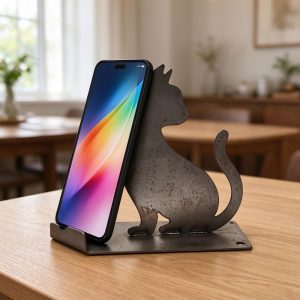Rusty metal cat silhouette phone stand with smartphone on wooden dining table