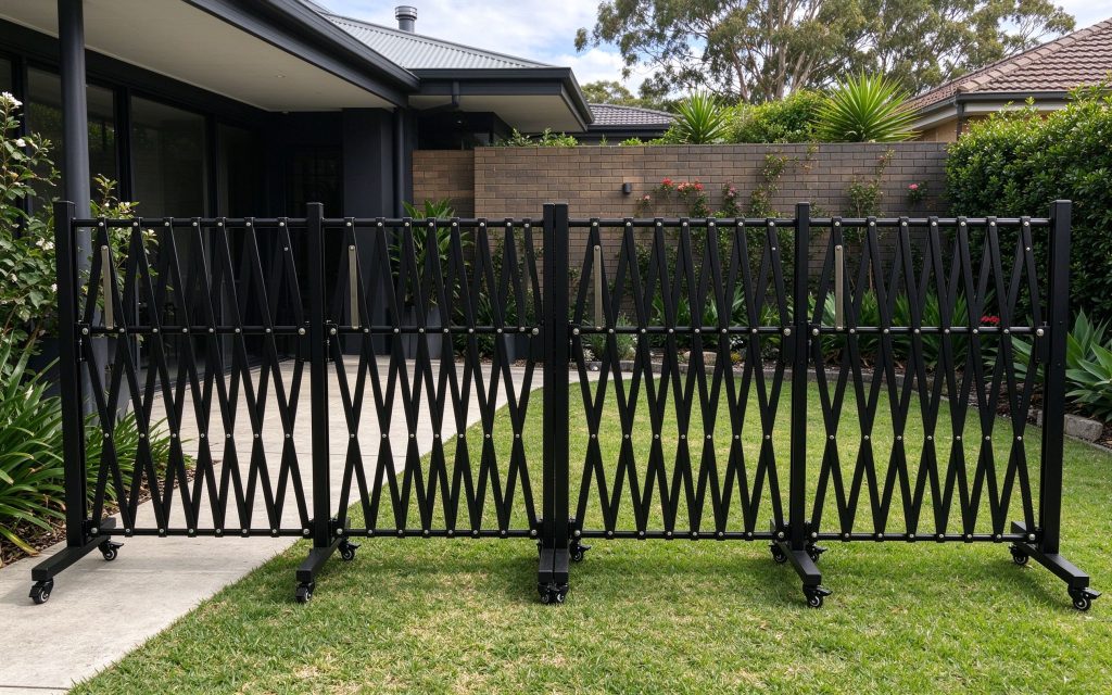 Four expandable black metal safety barriers connected together as temporary yard fence in Australian suburban backyard