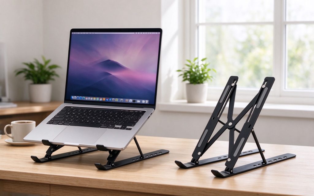Adjustable black aluminum laptop stand on home office desk with laptop, ergonomic foldable notebook holder