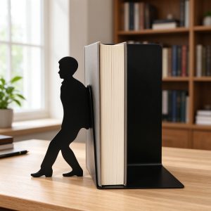 Black metal walking man silhouette bookend pushing book on home study desk